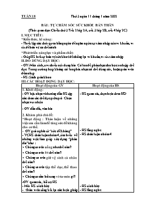 Kế hoạch bài dạy môn HĐTN 2 - Tuần 18, Bài: Tự chăm sóc sức khỏe bản thân (NH 2021-2022)(GV: Lê Thị Nga)
