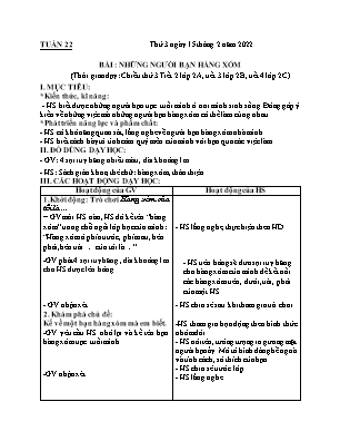 Kế hoạch bài dạy môn HĐTN 2 - Tuần 22, Bài: Những người bạn hàng xóm (NH 2021-2022)(GV: Lê Thị Nga)