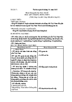 Kế hoạch bài dạy môn HĐTN 2 - Tuần 7, Bài: Quý trọng đồng tiền (NH 2021-2022)(GV: Lê Thị Nga)