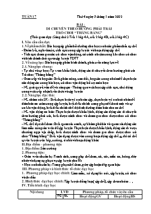 Kế hoạch bài dạy môn Thể Dục 4 - Tuần 17, Bài: Di chuyển theo hướng phải trái - Trò chơi Thăng bằng (NH 2021-2022)(GV: Lê Thị Nga)