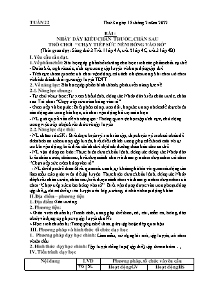 Kế hoạch bài dạy môn Thể Dục 4 - Tuần 22, Bài: Nhảy dây kiểu chân trước, chân sau - Trò chơi Chạy tiếp sức ném bóng vào rổ (NH 2021-2022)(GV: Lê Thị Nga)