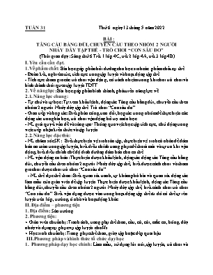 Kế hoạch bài dạy môn Thể Dục 4 - Tuần 31, Bài: Tâng cầu bằng đùi, chuyền cầu theo nhóm 2 người, nhảy dây tập thể - Trò chơi Con sâu đo (NH 2021-2022)(GV: Lê Thị Nga)