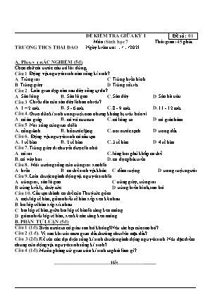 3 Đề kiểm tra giữa học kì I Sinh học 7 - Năm học 2021-2022 - Trường THCS Thái Đào (Có đáp án)