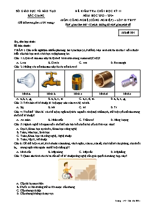 Đề kiểm tra cuối học kì II Công nghệ 10 - Mã dề 001 - Sở GD&ĐT Bắc Giang (Có đáp án)