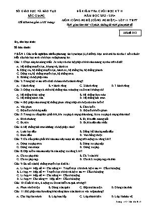 Đề kiểm tra cuối học kì II Công nghệ 11 - Mã đề 013 - Năm học 2023-2024 - Sở GD&ĐT Bắc Giang (Có đáp án)