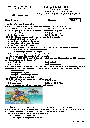 Đề kiểm tra cuối học kì II Lịch sử 10 - Mã đề 501 - Năm học 2022-2023 - Sở GD&ĐT Bắc Giang (Có đáp án)