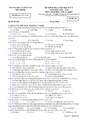 Đề kiểm tra cuối học kì II Sinh học 10 - Mã đề 401 - Năm học 2022-2023 - Sở GD&ĐT Bắc Giang (Có đáp án)