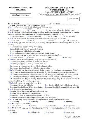 Đề kiểm tra cuối học kì II Sinh học 10 - Mã đề 403 - Năm học 2022-2023 - Sở GD&ĐT Bắc Giang (Có đáp án)