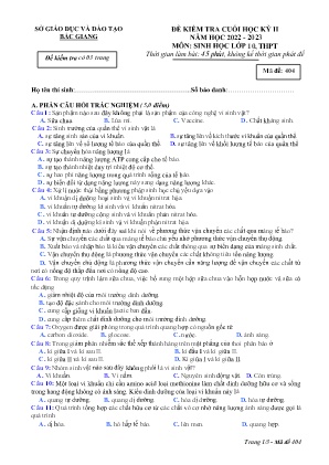 Đề kiểm tra cuối học kì II Sinh học 10 - Mã đề 404 - Năm học 2022-2023 - Sở GD&ĐT Bắc Giang (Có đáp án)