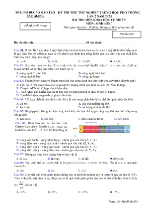 Đề thi thử tốt nghiệp THPT Sinh học (Lần 2) - Mã đề 204 - Sở GD&ĐT Bắc Giang (Có đáp án)