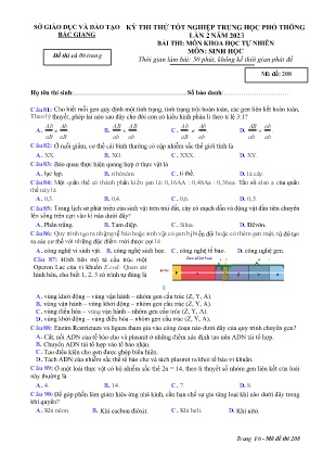 Đề thi thử tốt nghiệp THPT Sinh học (Lần 2) - Mã đề 208 - Sở GD&ĐT Bắc Giang (Có đáp án)