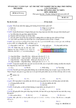 Đề thi thử tốt nghiệp THPT Sinh học (Lần 2) - Mã đề 212 - Sở GD&ĐT Bắc Giang (Có đáp án)