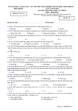 Đề thi thử tốt nghiệp THPT Sinh học (Lần 2) - Mã đề 213 - Sở GD&ĐT Bắc Giang (Có đáp án)