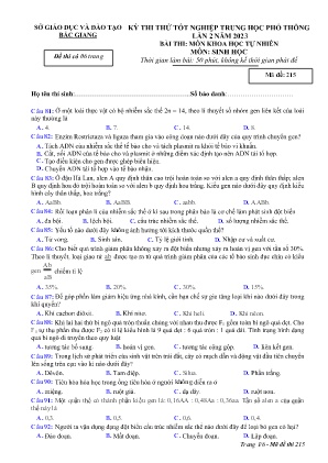 Đề thi thử tốt nghiệp THPT Sinh học (Lần 2) - Mã đề 215 - Sở GD&ĐT Bắc Giang (Có đáp án)