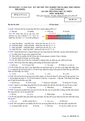 Đề thi thử tốt nghiệp THPT Sinh học (Lần 2) - Mã đề 216 - Sở GD&ĐT Bắc Giang (Có đáp án)