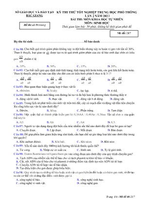 Đề thi thử tốt nghiệp THPT Sinh học (Lần 2) - Mã đề 217 - Sở GD&ĐT Bắc Giang (Có đáp án)