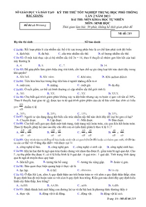 Đề thi thử tốt nghiệp THPT Sinh học (Lần 2) - Mã đề 219 - Sở GD&ĐT Bắc Giang (Có đáp án)