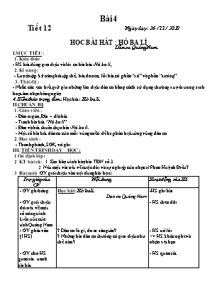 Giáo án Âm nhạc 6 - Tiết 12, Bài 4: Học bài hát Hò ba lí - Năm học 2020-2021