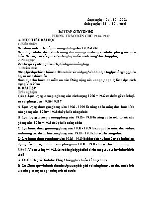 Giáo án Bồi dưỡng HSG Lịch sử 12 - Chuyên đề: Phong trào dân chủ 1936-1939 - Năm học 2023-2024 - Trần Thu Hương