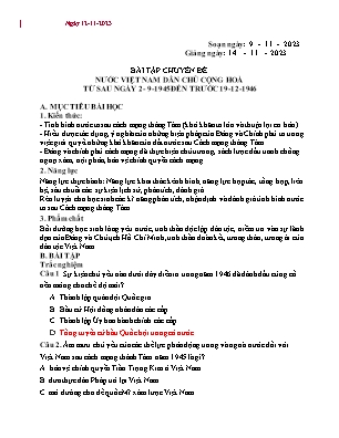 Giáo án Bồi dưỡng Lịch sử 12 - Chuyên đề: Nước Việt Nam Dân chủ cộng hòa từ sau ngày 2/9/1945 đến trước 19/12/1946 - Năm học 2023-2024 - Trần Thu Hương