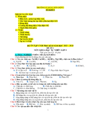 2 Đề ôn tập cuối học kì II Khoa học tự nhiên 8 - Năm học 2023-2024 - Trường PTDTNT Sơn Động