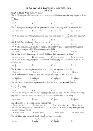2 Đề ôn tập học kì II Toán 8 - Năm học 2023-2024