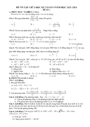 3 Đề ôn tập học kì II Toán 8 - Năm học 2023-2024
