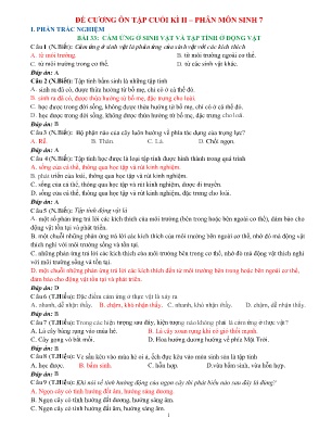Đề cương ôn tập cuối học kì II Sinh học 7 - Bài 33: Cảm ứng ở sinh vật và tập tinh ở động vật