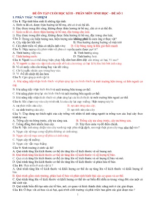 Đề cương ôn tập cuối học kì II Sinh học 7 - Đề số 1