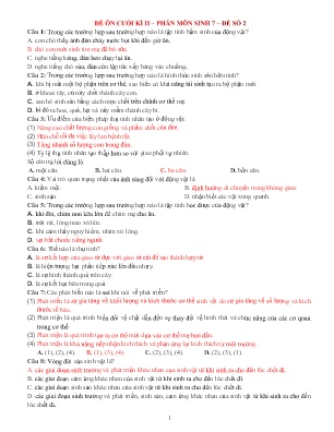Đề cương ôn tập cuối học kì II Sinh học 7 - Đề số 2