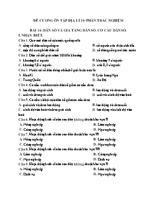 Đề cương ôn tập Địa lí 10 - Bài 16: Dân số và gia tăng dân số, cơ cấu dân số