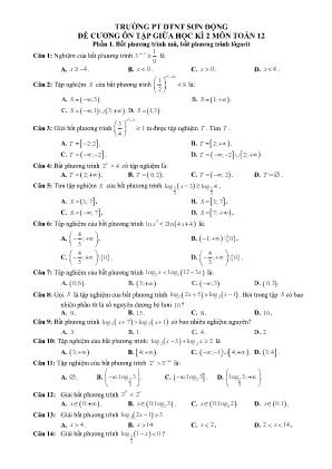 Đề cương ôn tập giữa học kì II Toán 12 - Trường PTDTNT Sơn Động