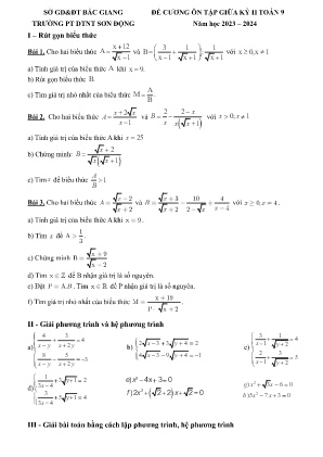 Đề cương ôn tập giữa học kì II Toán 9 - Năm học 2023-2024 - Trường PTDTNT Sơn Động