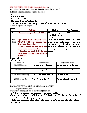 Đề cương ôn tập học kì II Địa lí 6 - Bài 15: Lớp vỏ không khí của trái đất. Khí áp và gió