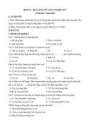 Đề cương ôn tập học kì II Khoa học tự nhiên 8 - Năm học 2024-2025