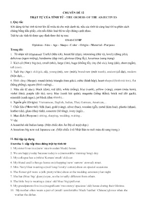 Đề cương ôn tập Tiếng Anh 10 - Chuyên đề 12: Trật tự của tính từ-The orders of the adjectives