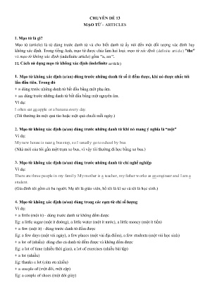 Đề cương ôn tập Tiếng Anh 10 - Chuyên đề 13: Mạo từ-Articles