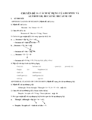 Đề cương ôn tập Tiếng Anh 10 - Chuyên đề 16: Cách sử dụng của despite và although, because/because of