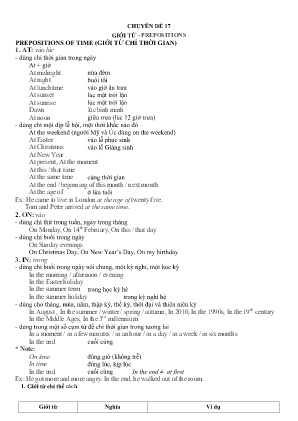 Đề cương ôn tập Tiếng Anh 10 - Chuyên đề 17: Giới từ-Prepositions