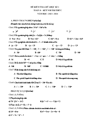 Đề kiểm tra giữa học kì I Toán 8 - Năm học 2023-2024