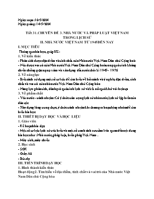 Giáo án Lịch sử 10 - Tiết 31, Chuyên đề 3: Nhà nước và pháp luật Việt Nam trong lịch sử - Năm học 2023-2024 - Trần Thu Hương